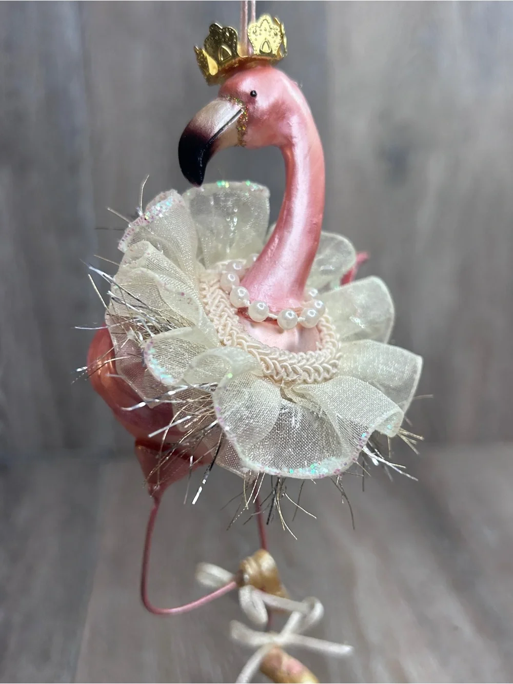 Vintage Pink Flamingo Ballerina Ornament with Cream Tulle Collar and Gold Crown